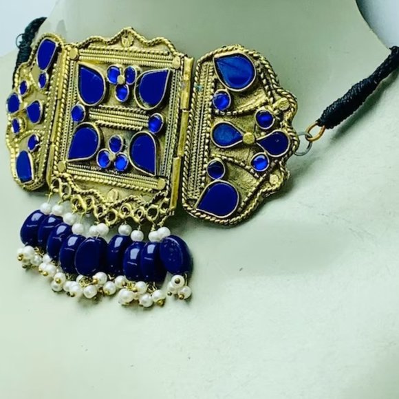 Blue Jewelry Set, Statement Choker Necklace With Earrings, Pearls Jewelry, - Picture 2 of 9